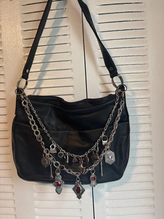 Vintage Danier Black Leather Bag + Zara Charm Chains Y2K Luxe - Picture 2 of 13